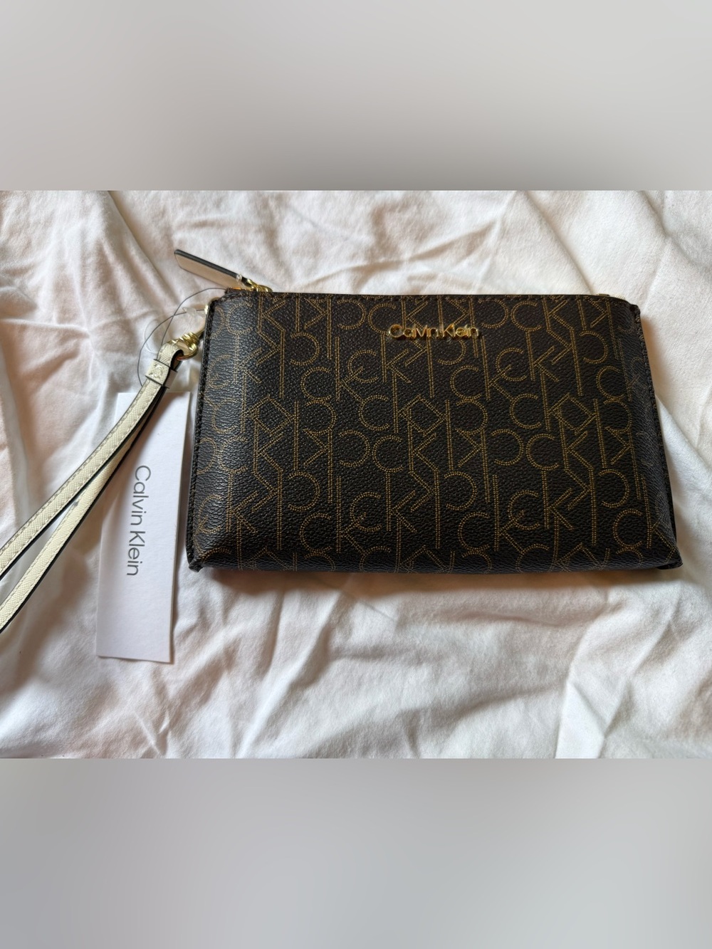 Calvin Klein Brown and Gold Zip Wristlet